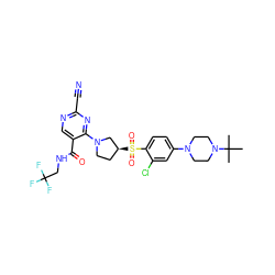 CC(C)(C)N1CCN(c2ccc(S(=O)(=O)[C@H]3CCN(c4nc(C#N)ncc4C(=O)NCC(F)(F)F)C3)c(Cl)c2)CC1 ZINC000169684968