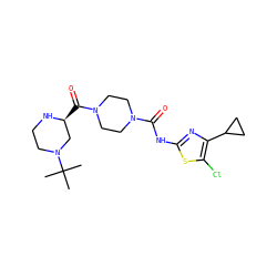 CC(C)(C)N1CCN[C@@H](C(=O)N2CCN(C(=O)Nc3nc(C4CC4)c(Cl)s3)CC2)C1 ZINC000653687600