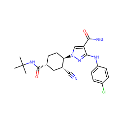 CC(C)(C)NC(=O)[C@@H]1CC[C@@H](n2cc(C(N)=O)c(Nc3ccc(Cl)cc3)n2)[C@H](C#N)C1 ZINC000205037669