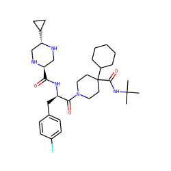 CC(C)(C)NC(=O)C1(C2CCCCC2)CCN(C(=O)[C@@H](Cc2ccc(F)cc2)NC(=O)[C@@H]2CN[C@@H](C3CC3)CN2)CC1 ZINC000028477942