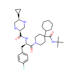 CC(C)(C)NC(=O)C1(C2CCCCC2)CCN(C(=O)[C@@H](Cc2ccc(F)cc2)NC(=O)[C@@H]2CN[C@H](C3CC3)CN2)CC1 ZINC000028522123