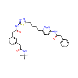 CC(C)(C)NC(=O)Cc1cccc(CC(=O)Nc2nnc(CCCCc3ccc(NC(=O)Cc4ccccc4)nn3)s2)c1 ZINC000169698409