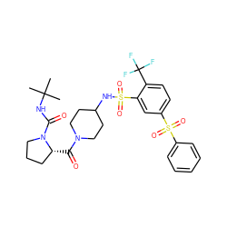 CC(C)(C)NC(=O)N1CCC[C@H]1C(=O)N1CCC(NS(=O)(=O)c2cc(S(=O)(=O)c3ccccc3)ccc2C(F)(F)F)CC1 ZINC000049898258