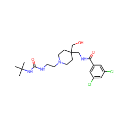 CC(C)(C)NC(=O)NCCN1CCC(CO)(CNC(=O)c2cc(Cl)cc(Cl)c2)CC1 ZINC000095589891