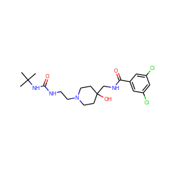 CC(C)(C)NC(=O)NCCN1CCC(O)(CNC(=O)c2cc(Cl)cc(Cl)c2)CC1 ZINC000095588833