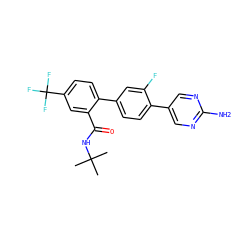 CC(C)(C)NC(=O)c1cc(C(F)(F)F)ccc1-c1ccc(-c2cnc(N)nc2)c(F)c1 ZINC000224751216