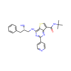 CC(C)(C)NC(=O)c1csc2c(NC[C@@H](N)Cc3ccccc3)nc(-c3ccncc3)nc12 ZINC000223690294