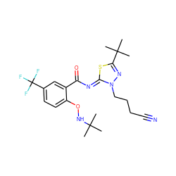 CC(C)(C)NOc1ccc(C(F)(F)F)cc1C(=O)/N=c1\sc(C(C)(C)C)nn1CCCC#N ZINC000113477930