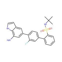 CC(C)(C)NS(=O)(=O)c1ccccc1-c1ccc(-c2cc(N)c3[nH]ccc3c2)c(F)c1 ZINC000224795604