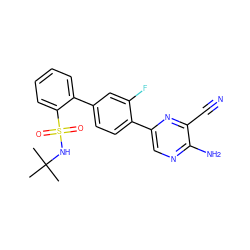 CC(C)(C)NS(=O)(=O)c1ccccc1-c1ccc(-c2cnc(N)c(C#N)n2)c(F)c1 ZINC000224769203