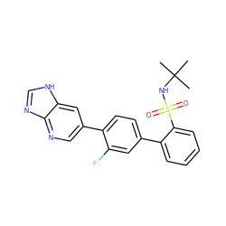 CC(C)(C)NS(=O)(=O)c1ccccc1-c1ccc(-c2cnc3nc[nH]c3c2)c(F)c1 ZINC000224809528