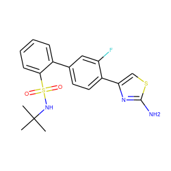 CC(C)(C)NS(=O)(=O)c1ccccc1-c1ccc(-c2csc(N)n2)c(F)c1 ZINC000224826419