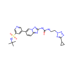 CC(C)(C)NS(=O)(=O)c1cncc(-c2ccc3nc(NC(=O)NCCn4nnc(C5CC5)n4)nn3c2)c1 ZINC000084671994