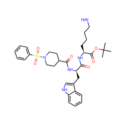 CC(C)(C)OC(=O)[C@H](CCCCN)NC(=O)[C@@H](Cc1c[nH]c2ccccc12)NC(=O)C1CCN(S(=O)(=O)c2ccccc2)CC1 ZINC000003933986