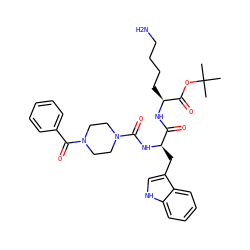 CC(C)(C)OC(=O)[C@H](CCCCN)NC(=O)[C@@H](Cc1c[nH]c2ccccc12)NC(=O)N1CCN(C(=O)c2ccccc2)CC1 ZINC000026661024