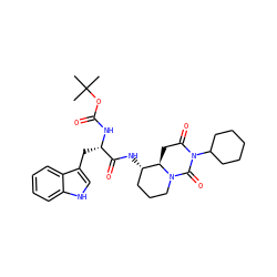 CC(C)(C)OC(=O)N[C@@H](Cc1c[nH]c2ccccc12)C(=O)N[C@H]1CCCN2C(=O)N(C3CCCCC3)C(=O)C[C@H]12 ZINC000026289187