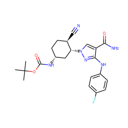 CC(C)(C)OC(=O)N[C@@H]1CC[C@@H](C#N)[C@H](n2cc(C(N)=O)c(Nc3ccc(F)cc3)n2)C1 ZINC000205054444