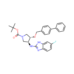 CC(C)(C)OC(=O)N1C[C@H](Nc2nc3ccc(F)cc3[nH]2)[C@@H](OCc2ccc(-c3ccccc3)cc2)C1 ZINC000206740013