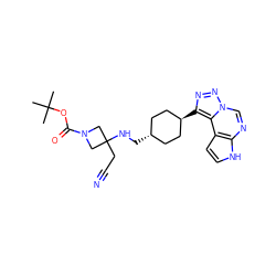 CC(C)(C)OC(=O)N1CC(CC#N)(NC[C@H]2CC[C@H](c3nnn4cnc5[nH]ccc5c34)CC2)C1 ZINC001772630164