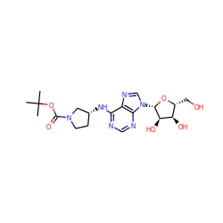 CC(C)(C)OC(=O)N1CC[C@@H](Nc2ncnc3c2ncn3[C@@H]2O[C@H](CO)[C@@H](O)[C@H]2O)C1 ZINC000028827205