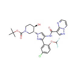 CC(C)(C)OC(=O)N1CC[C@@H](O)[C@H](n2cc(NC(=O)c3cnn4cccnc34)c(-c3cc(Cl)ccc3OC(F)F)n2)C1 ZINC001772622627