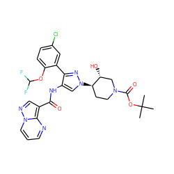 CC(C)(C)OC(=O)N1CC[C@@H](n2cc(NC(=O)c3cnn4cccnc34)c(-c3cc(Cl)ccc3OC(F)F)n2)[C@H](O)C1 ZINC001772581156