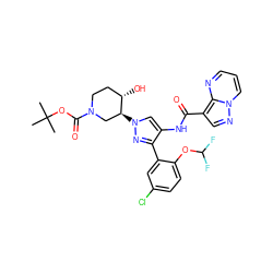 CC(C)(C)OC(=O)N1CC[C@H](O)[C@@H](n2cc(NC(=O)c3cnn4cccnc34)c(-c3cc(Cl)ccc3OC(F)F)n2)C1 ZINC001772642649