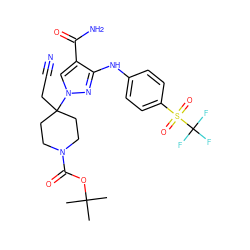 CC(C)(C)OC(=O)N1CCC(CC#N)(n2cc(C(N)=O)c(Nc3ccc(S(=O)(=O)C(F)(F)F)cc3)n2)CC1 ZINC000219261907