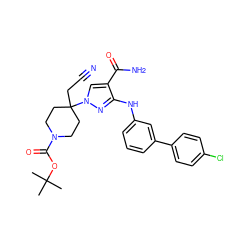 CC(C)(C)OC(=O)N1CCC(CC#N)(n2cc(C(N)=O)c(Nc3cccc(-c4ccc(Cl)cc4)c3)n2)CC1 ZINC000218407314