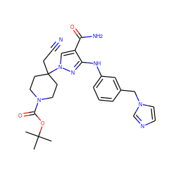 CC(C)(C)OC(=O)N1CCC(CC#N)(n2cc(C(N)=O)c(Nc3cccc(Cn4ccnc4)c3)n2)CC1 ZINC000204961615