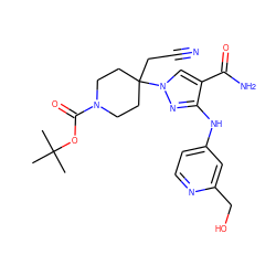 CC(C)(C)OC(=O)N1CCC(CC#N)(n2cc(C(N)=O)c(Nc3ccnc(CO)c3)n2)CC1 ZINC000222093809