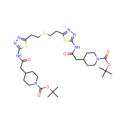 CC(C)(C)OC(=O)N1CCC(CC(=O)Nc2nnc(CCSCCc3nnc(NC(=O)CC4CCN(C(=O)OC(C)(C)C)CC4)s3)s2)CC1 ZINC000169697842