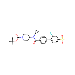 CC(C)(C)OC(=O)N1CCC(N(C(=O)c2ccc(-c3ccc(S(C)(=O)=O)cc3F)cc2)C2CC2)CC1 ZINC000223649323