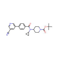 CC(C)(C)OC(=O)N1CCC(N(C(=O)c2ccc(-c3cncc(C#N)c3)cc2)C2CC2)CC1 ZINC001772582759