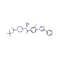 CC(C)(C)OC(=O)N1CCC(N(C(=O)c2ccc(-n3cnc(-c4ccccc4)c3)c(Cl)c2)C2CC2)CC1 ZINC000223643173