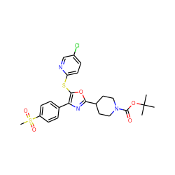 CC(C)(C)OC(=O)N1CCC(c2nc(-c3ccc(S(C)(=O)=O)cc3)c(Sc3ccc(Cl)cn3)o2)CC1 ZINC000199804807