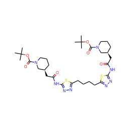 CC(C)(C)OC(=O)N1CCC[C@@H](CC(=O)Nc2nnc(CCCCc3nnc(NC(=O)C[C@@H]4CCCN(C(=O)OC(C)(C)C)C4)s3)s2)C1 ZINC000169697853