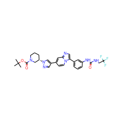 CC(C)(C)OC(=O)N1CCC[C@H](n2cc(-c3ccn4c(-c5cccc(NC(=O)NCC(F)(F)F)c5)cnc4c3)cn2)C1 ZINC000147301866