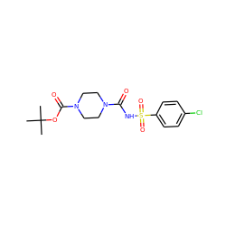 CC(C)(C)OC(=O)N1CCN(C(=O)NS(=O)(=O)c2ccc(Cl)cc2)CC1 ZINC000028133518