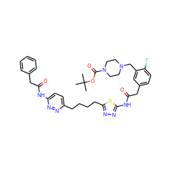 CC(C)(C)OC(=O)N1CCN(Cc2cc(CC(=O)Nc3nnc(CCCCc4ccc(NC(=O)Cc5ccccc5)nn4)s3)ccc2F)CC1 ZINC000169698407