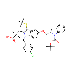 CC(C)(C)OC(=O)N1c2ccccc2C[C@H]1COc1ccc2c(c1)c(SC(C)(C)C)c(CC(C)(C)C(=O)O)n2Cc1ccc(Cl)cc1 ZINC000049757232