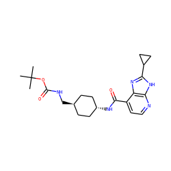 CC(C)(C)OC(=O)NC[C@H]1CC[C@H](NC(=O)c2ccnc3[nH]c(C4CC4)nc23)CC1 ZINC000653667419