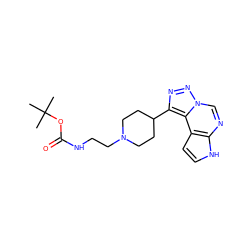 CC(C)(C)OC(=O)NCCN1CCC(c2nnn3cnc4[nH]ccc4c23)CC1 ZINC001772636739