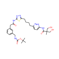 CC(C)(C)OC(=O)NCc1cccc(CC(=O)Nc2nnc(CCCCc3ccc(NC(=O)C(C)(CO)CO)nn3)s2)c1 ZINC000169698444