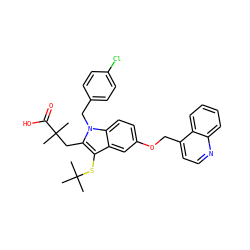CC(C)(C)Sc1c(CC(C)(C)C(=O)O)n(Cc2ccc(Cl)cc2)c2ccc(OCc3ccnc4ccccc34)cc12 ZINC000001535737