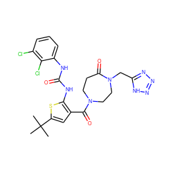 CC(C)(C)c1cc(C(=O)N2CCC(=O)N(Cc3nnn[nH]3)CC2)c(NC(=O)Nc2cccc(Cl)c2Cl)s1 ZINC000073199895