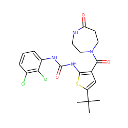 CC(C)(C)c1cc(C(=O)N2CCNC(=O)CC2)c(NC(=O)Nc2cccc(Cl)c2Cl)s1 ZINC000034662937