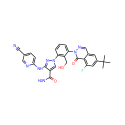 CC(C)(C)c1cc(F)c2c(=O)n(-c3cccc(-n4cc(C(N)=O)c(Nc5ccc(C#N)cn5)n4)c3CO)ncc2c1 ZINC000143515214