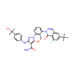 CC(C)(C)c1cc(F)c2c(=O)n(-c3cccc(-n4cc(C(N)=O)c(Nc5ccc(C(C)(C)O)cc5)n4)c3CO)ncc2c1 ZINC000143497825