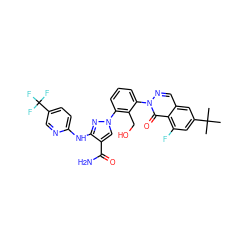 CC(C)(C)c1cc(F)c2c(=O)n(-c3cccc(-n4cc(C(N)=O)c(Nc5ccc(C(F)(F)F)cn5)n4)c3CO)ncc2c1 ZINC000143386173